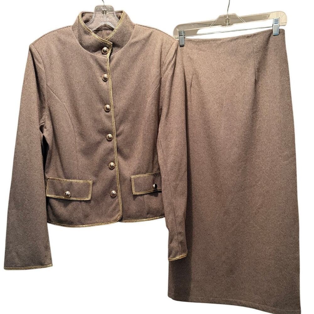 NEW Women's 2 Piece Maxi Skirt with Matching Jacket Brown Gold Trim Size XL